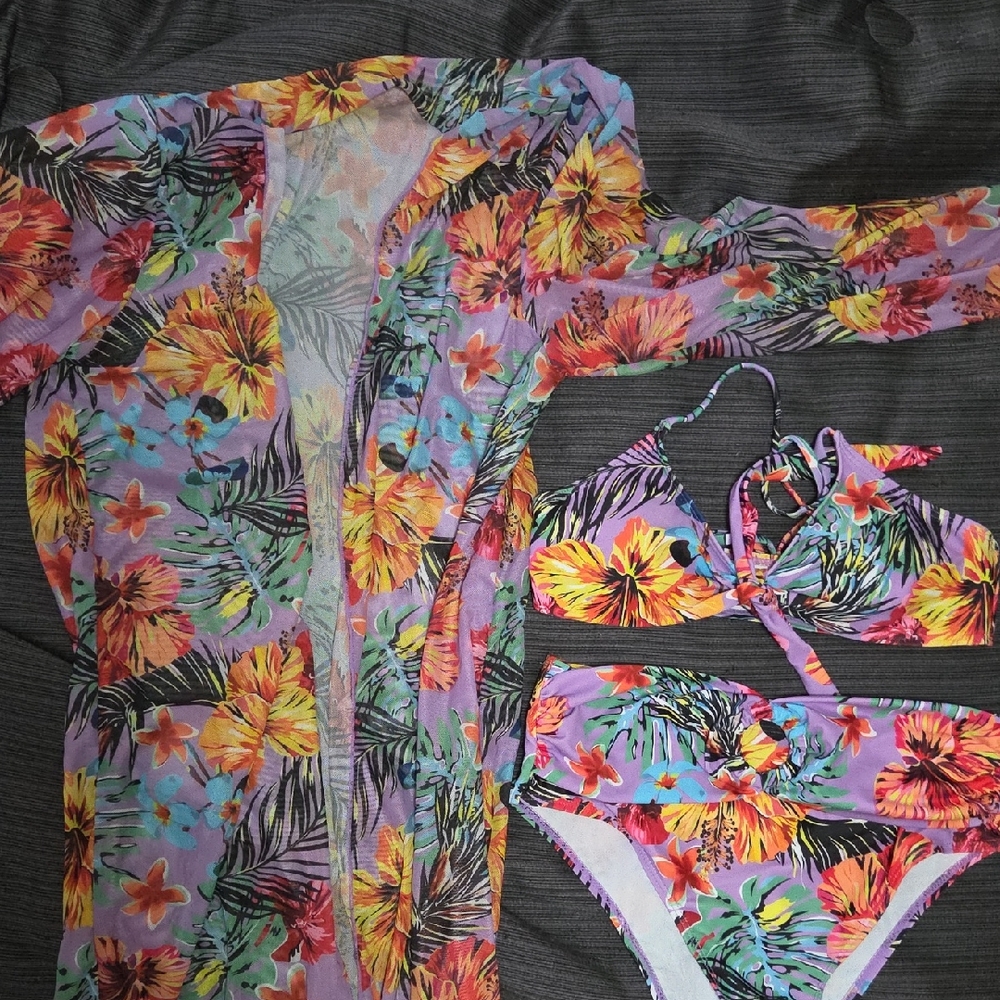 Tropical Floral Bikini Set with Sheer Cover-Up